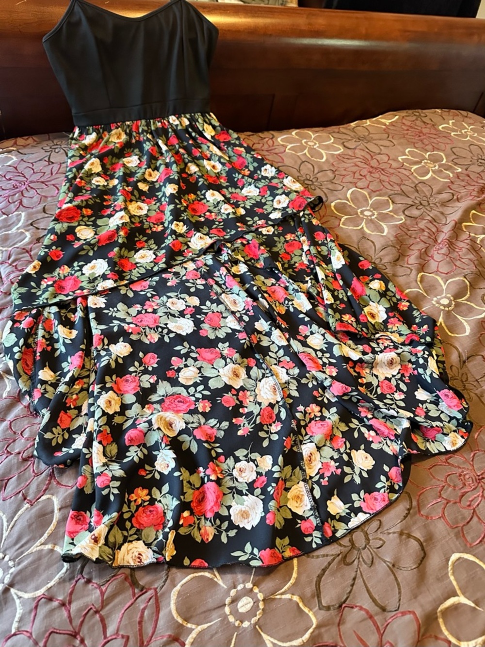 Vibe Black Floral High-Low Dress with Peach, Red & Cream Roses